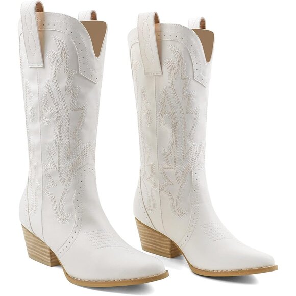 Shoes - Women Synthetic White Boots Mid-calf Pointy Toe Chunky Heels Embroidered Boot